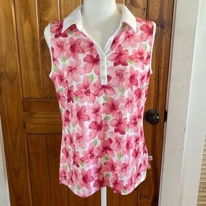 Liz Claiborne Sleeveless Golf Tennis Top via neck floral pink white medium